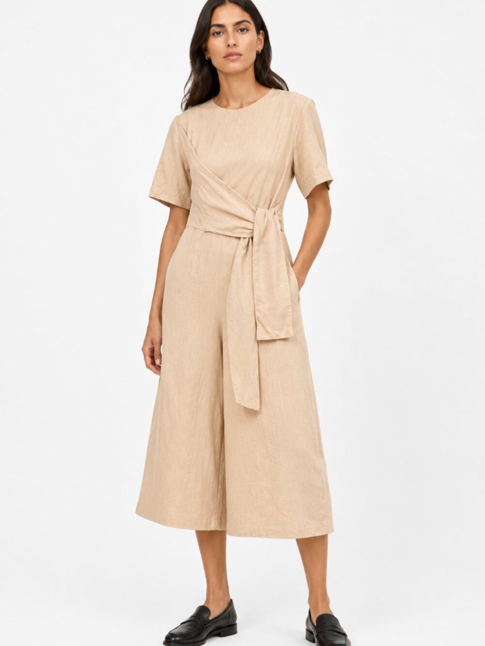 OWL BEIGE CREAM SHORT SLEEVE TIE FRONT CROPPED WIDE LEG JUMPSUIT - XS